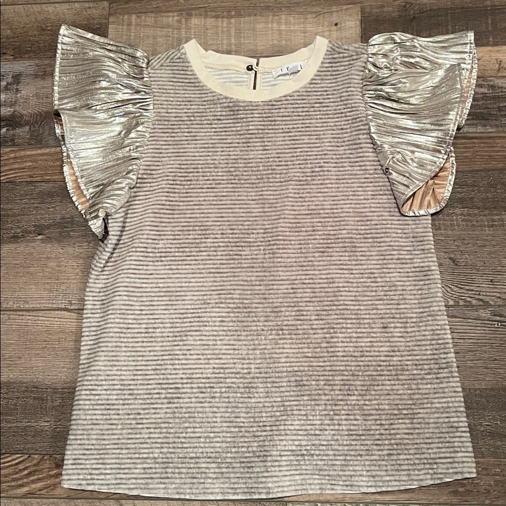 THML Gray Striped Top with Silver Ruffle Sleeves